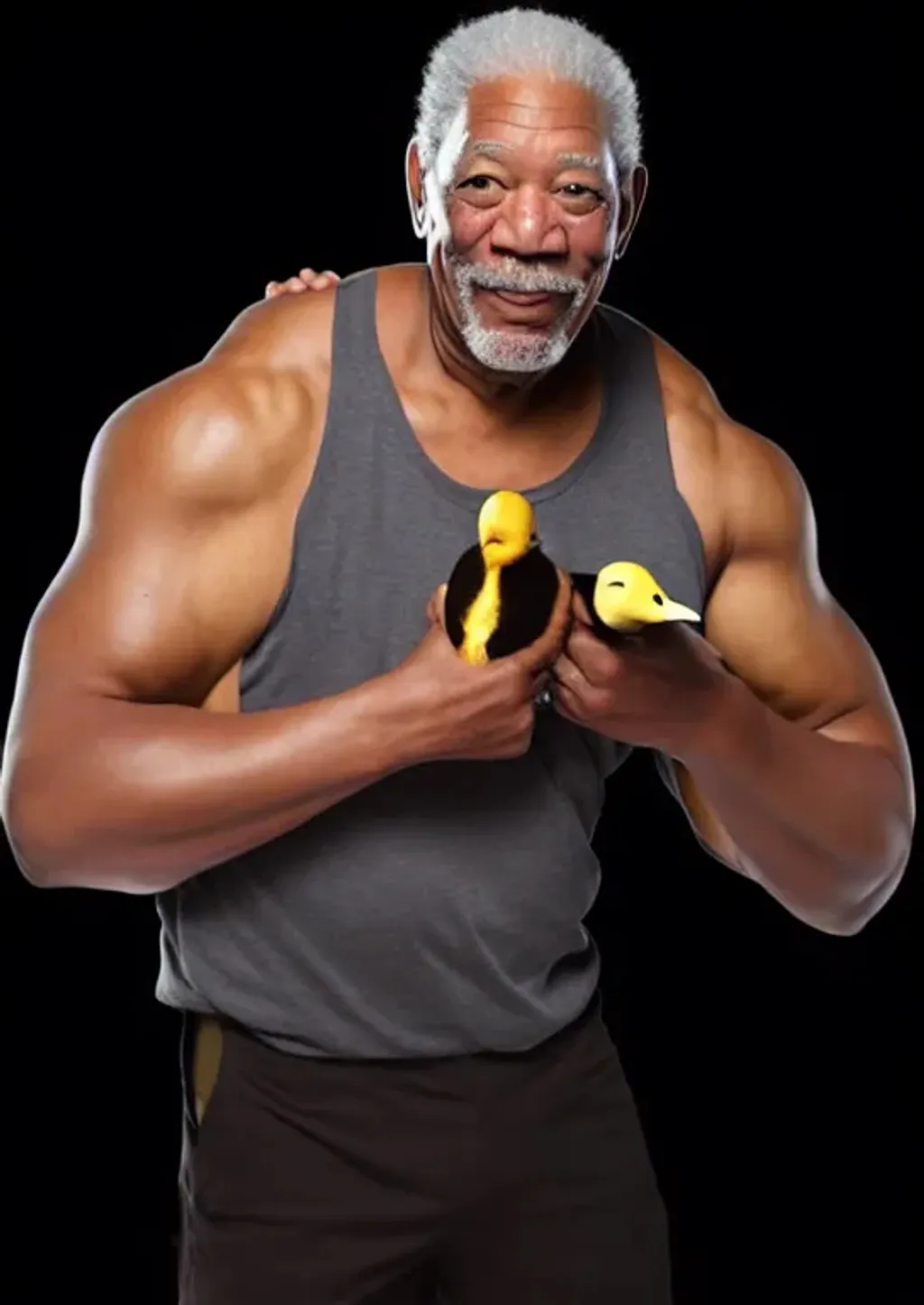 Prompt: Morgan Freeman holding multiple ducks, yolked, muscle, 4K, 8K, High resolution