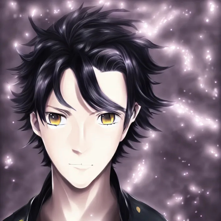 Anime character with curly black hair, golden wings, and silver eyes