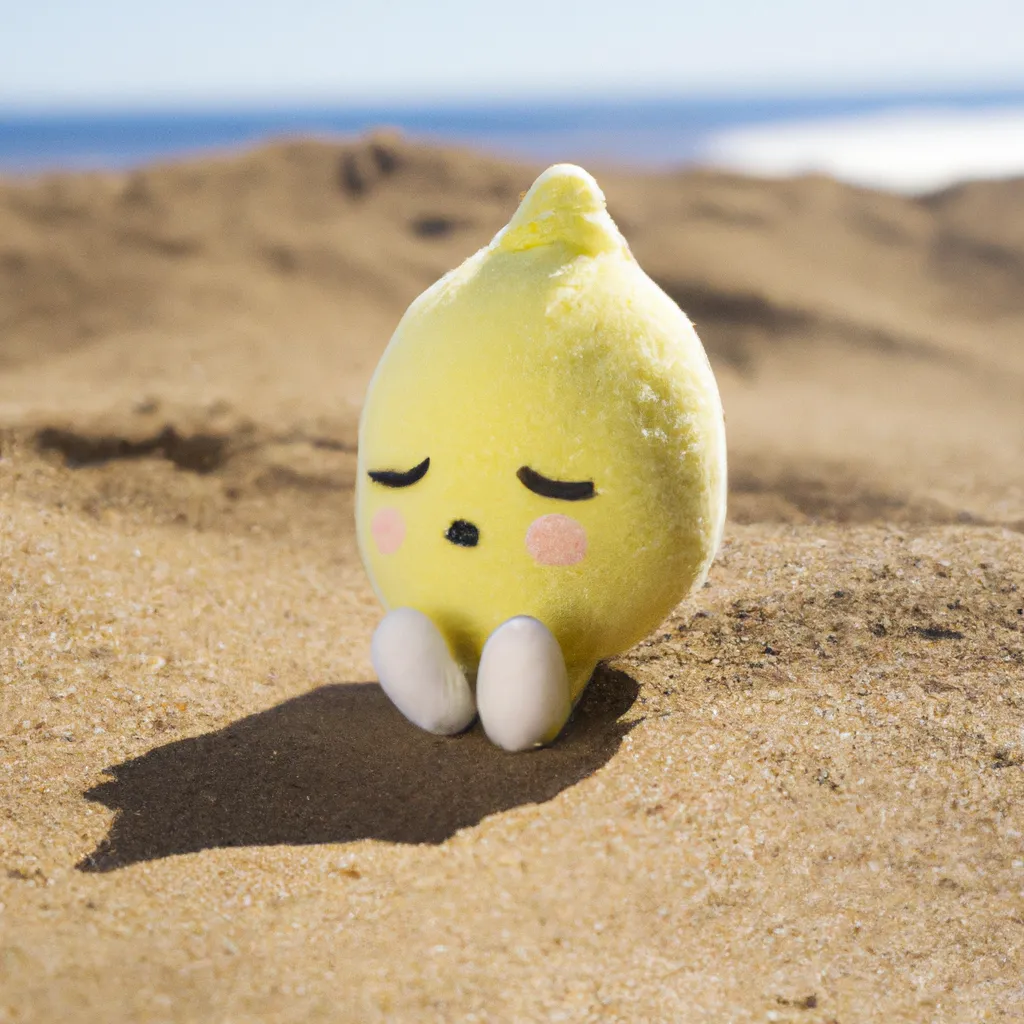 Prompt: A cute kawaii lemon plushie by Sanrio sitting in the sand of a hyperrealistic beach, view at an angle