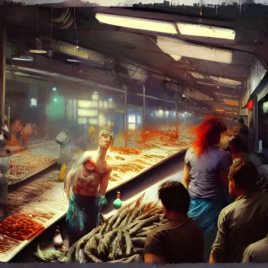 Prompt: inside a busy fish market, Speedpaint with large brush strokes by Frank Frazetta, Junji Ito, Ismail Inceoglu, , Gazelli, M.W. Kaluta, richard anderson, paint splatter, a masterpiece, 8k resolution, trending on artstation, terrifying, highly detailed and intricate