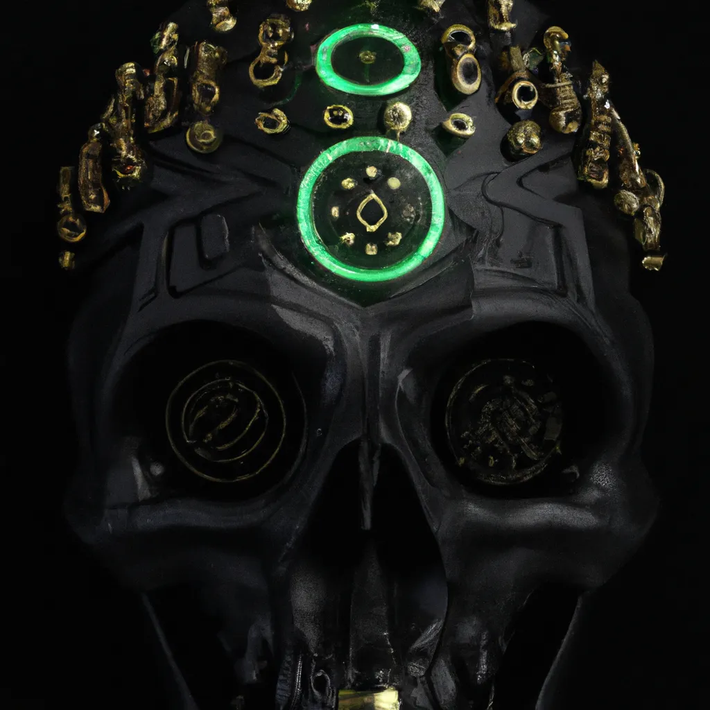 Prompt: A black Mimir skull, inlaid with many golden, arcane runes. The empty eye sockets have green glow inside an extra eye socke on the forehead, with 3d render from a video game.