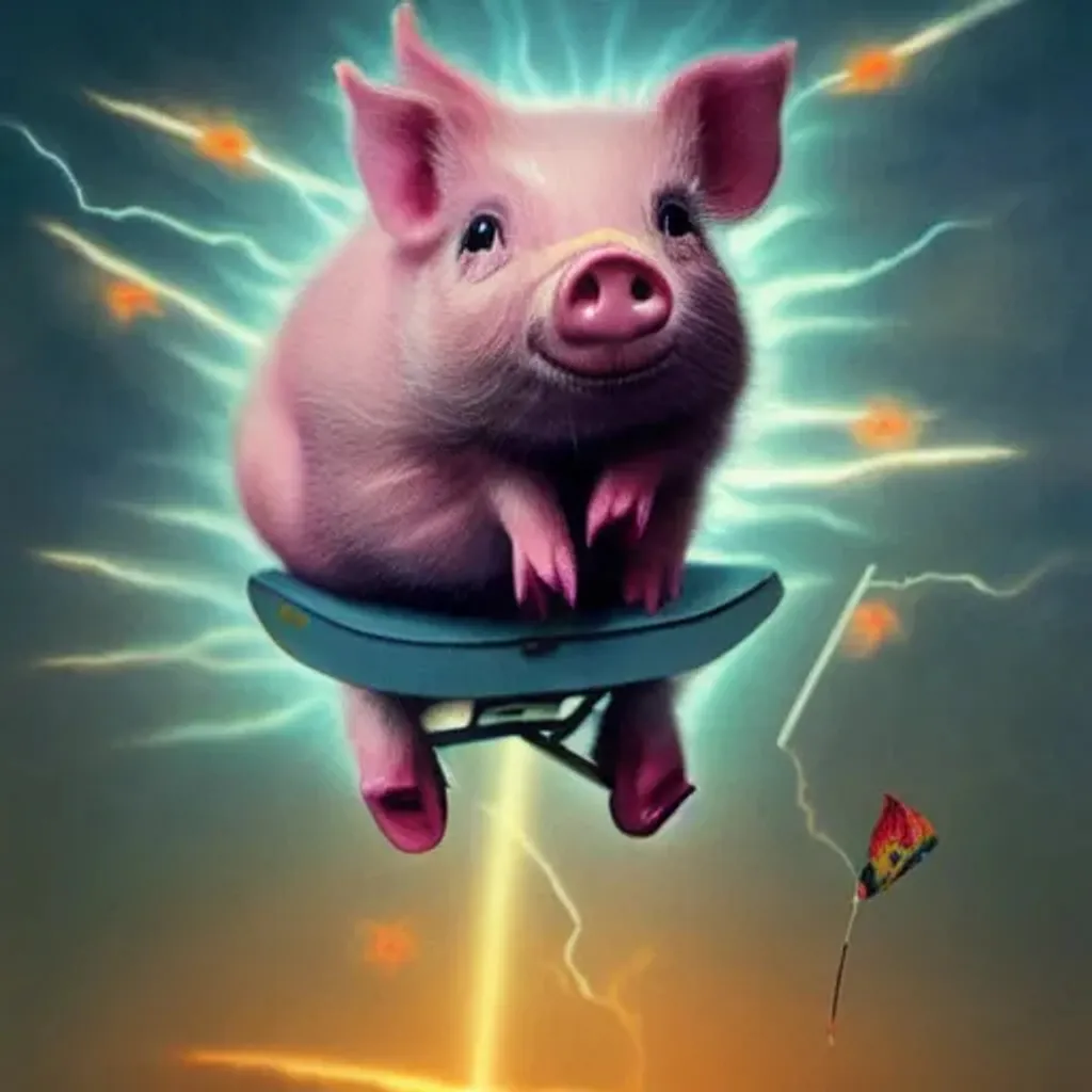 Prompt: Lightning bolt strikes a tiny cute pig, flying a kite, skateboarding, soft smooth lighting, ultra sharp focus, soft pastels, dark background  [ collaboration with wlop,artgerm, Lisa frank, Karol Bak, Laurie Lipton, mark ryden, mc escher, Greg Rutkowski, Giger, Yamamoto], 3d octane render artstation trending 8k unreal engine blender, polycount, modular constructivism, pop surrealism, physically based rendering, Disney Pixar Dreamworks 