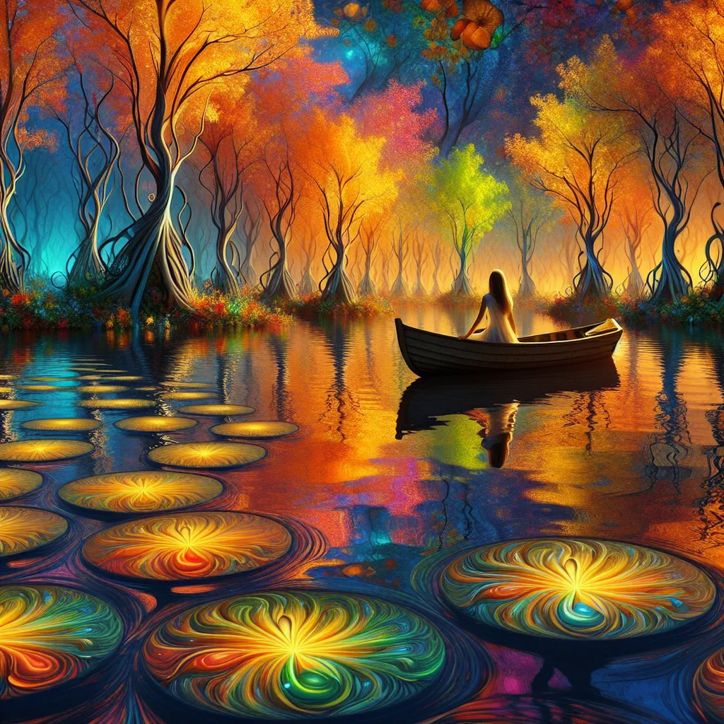 Prompt: Picture yourself in a boat on a river
With tangerine trees and marmalade skies
Somebody calls you, you answer quite slowly
A girl with kaleidoscope eyes

Cellophane flowers of yellow and green
Towering over your head
Look for the girl with the sun in her eyes

