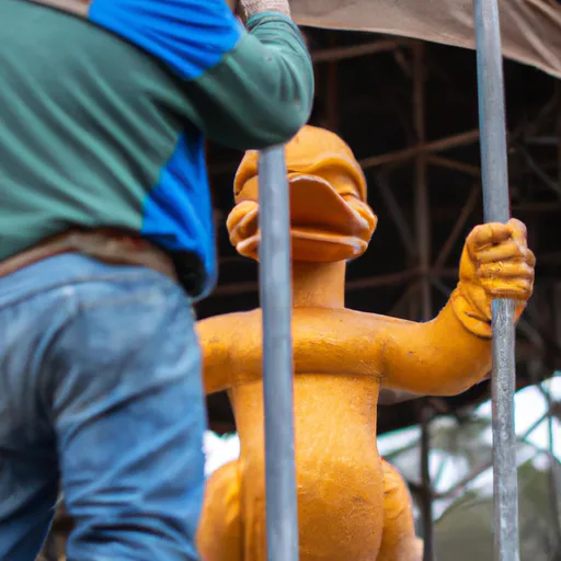 Prompt: A photo of one construction worker building a statue of the Aflac duck holding a sword