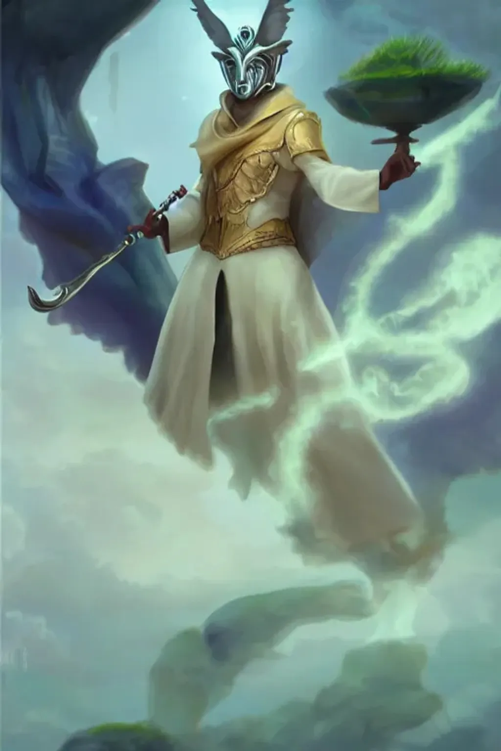 Prompt: full body art of a masked angelic cleric standing in the mist in the style of fantasy by Dave Melvin