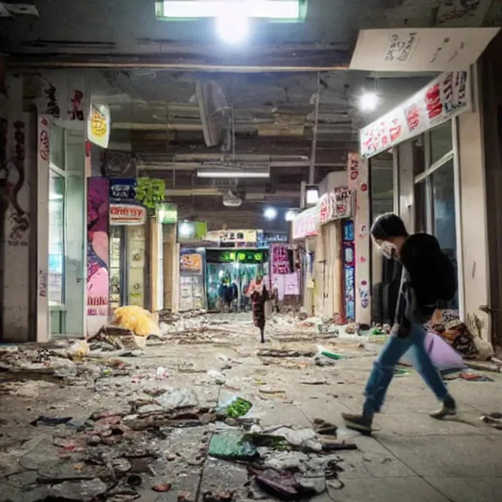 Prompt: abandoned store in south korea with people walking by, at night, garbage on floor, liminal space