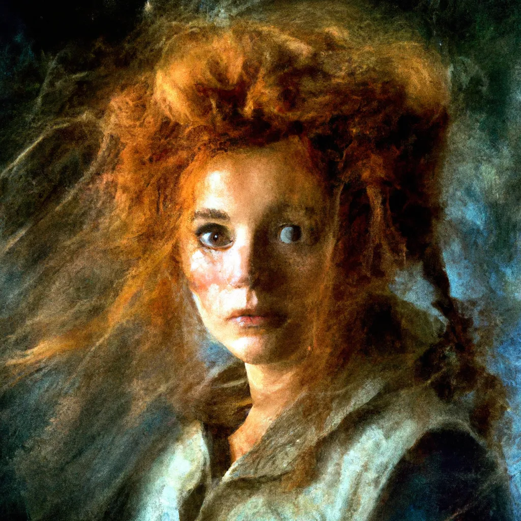 Prompt: grim portrait, Adult red haired Girl and Messy Hair, 1980s, by Pierre-Auguste Renoirb, 
 by derek gores, nostalgic lighting