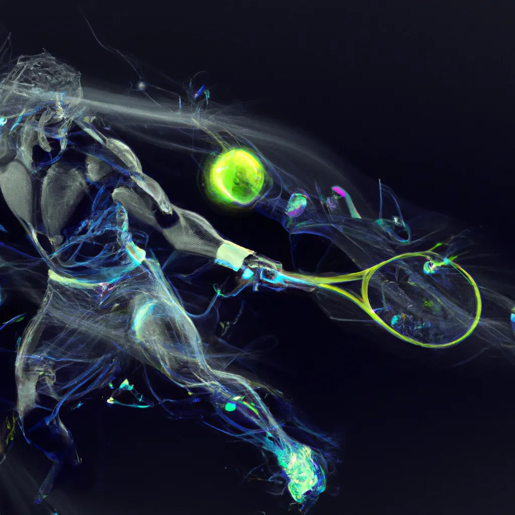 Prompt: a smooth transparent clear crystal body of Rafael Nadal serving a tennis ball appears to be illuminated by smooth streaks of random lightning bolt wrapping his body in total darkness by Christian W. Staudinger, featured on cg society, perfect composition, black background, darkness, holography, backlight, transparent crystal, chiaroscuro, bioluminescence, opalescent, iridescent, x-ray hologram | 3d octane render | octane lighting | dream fantasy | centered | octane render artstation trending 8k ultra-detailed  | sharp focus golden ratio | Disney Pixar Dreamworks 