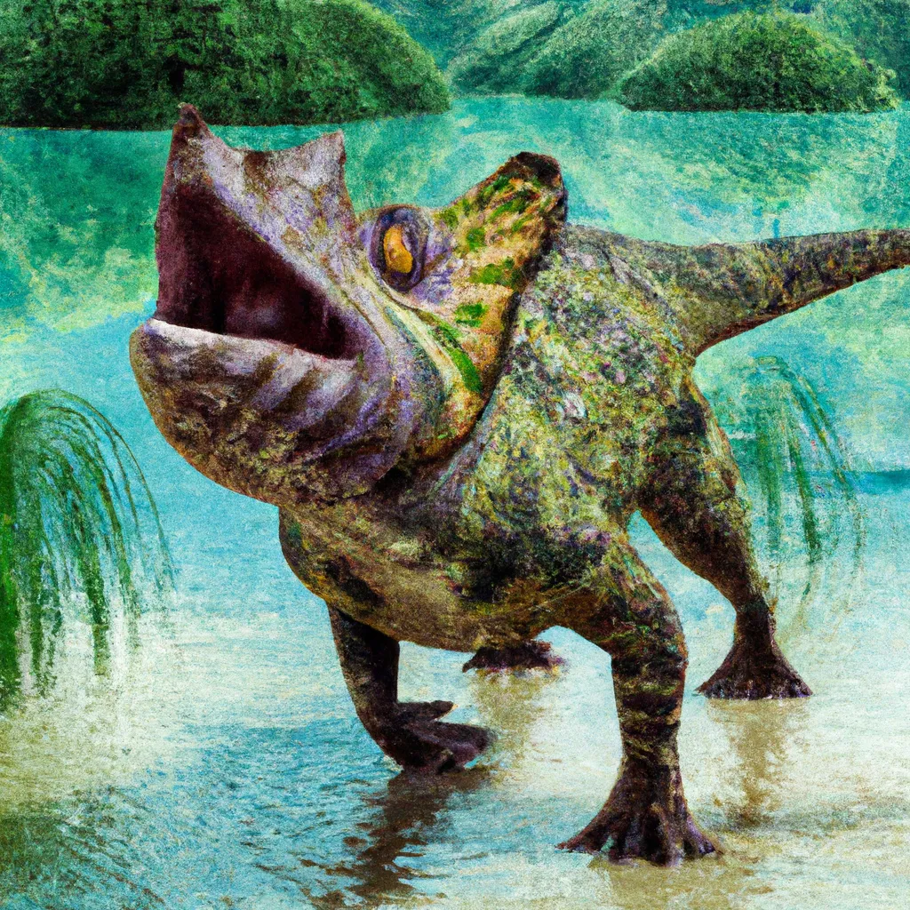 Prompt: The giant dinosaur bat amphibian, with colorful leather patterns, living in an oasis lake, lizard-like wide bony jaw, trypophobic, toxic animal, chimera from the pre-historic era, in habitat. speculative evolution. Highly realistic accurate anatomical CGI representation,  dinosaur features, has small ears, paleoart,  amazing poisonous colors and patterns on its leather skin, hyperrealistic,  