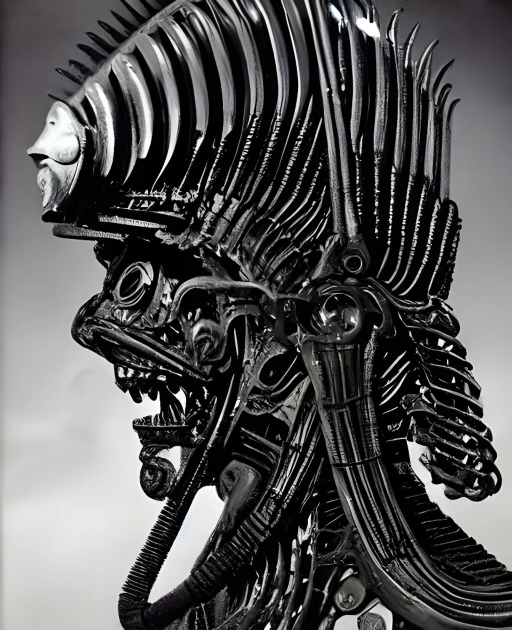 Prompt: h.r. giger's creature with biomechanical full head helmet with intricate details and corrugated tubes, ram horns, antennas and rusty gears, with a intricately detailed katana in his hands, riding a black horse, zoomed out scene