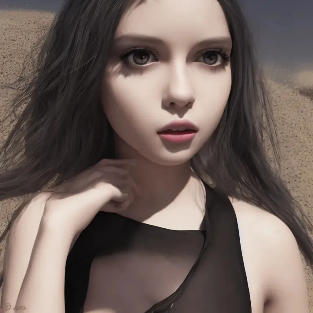 Prompt: highly detailed portrait of a pretty young cute girl, looking at the camera, white hairs, eyeliner makeup, black skirt, black clothes, black crop top, full length, ultra-realistic soft sun lighting, Redshift Render, hd, 4k, 8k, artstation, illustration, teenager, digital art, beach, sea, ocean, coast, sand, full body