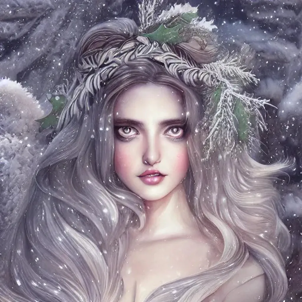 Prompt: hyper detailed full length winter time, beautiful Swan goddess, hyperrealistic detailed, realistic beautiful big eyes, muted colors, snowy christmas trees in background in the style of sheena pike , anna liwanag , anna dittmann, charlie bowater color book style, style of HR Giger