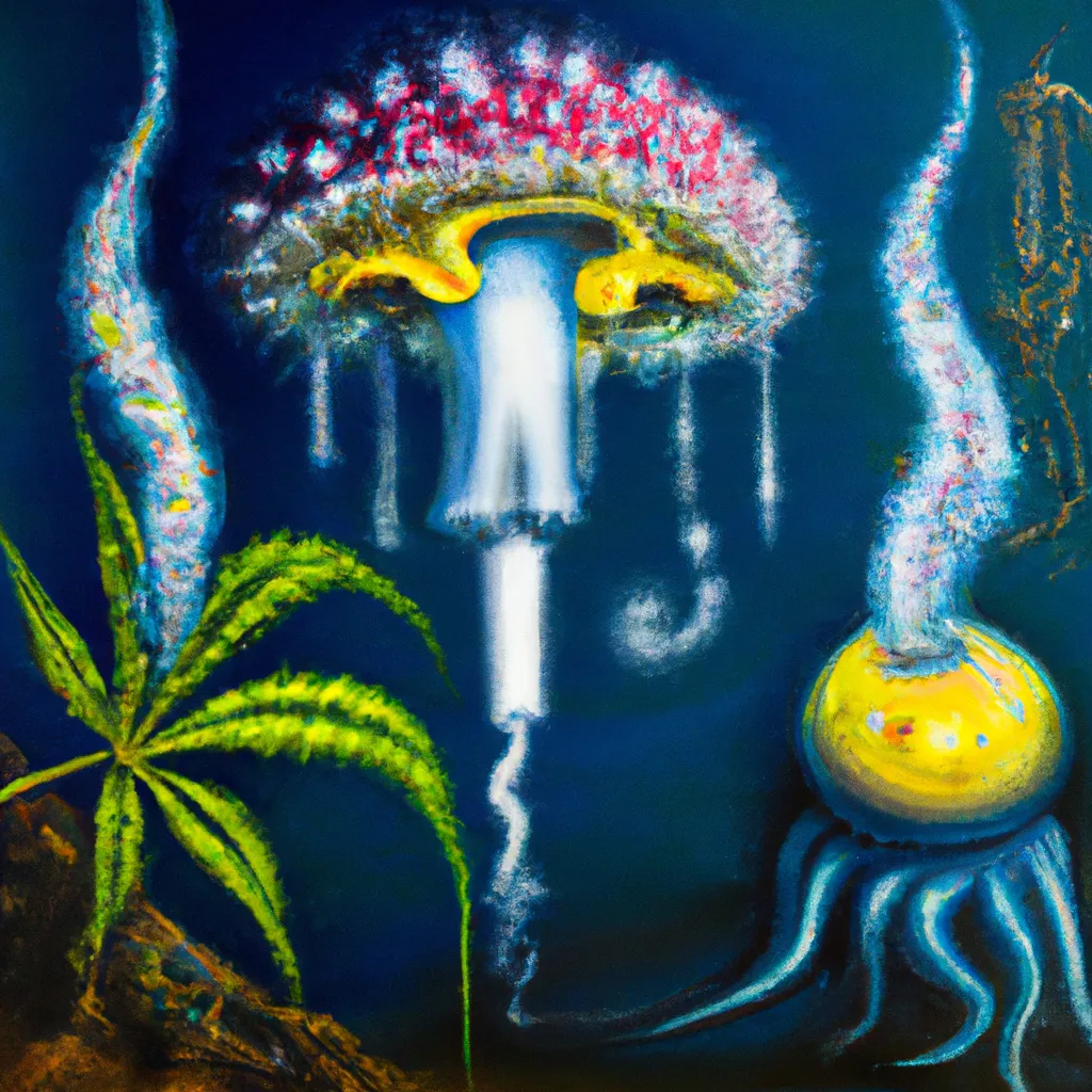 Prompt: a detailed surrealist dream-like oil painting by Salvador Dalí of marijuana quantum jellyfish uber mushroom