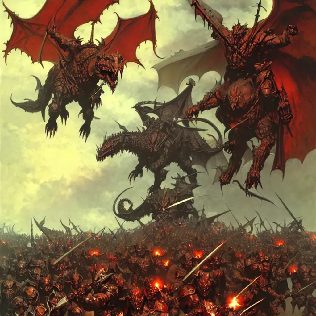 Prompt: Demonic heavy armed and armored orc infantry marching with dragons, wyverns, banners, fantasy art by Frank Frazetta, by Marc Simonetti, highly detailed, oil on canvas