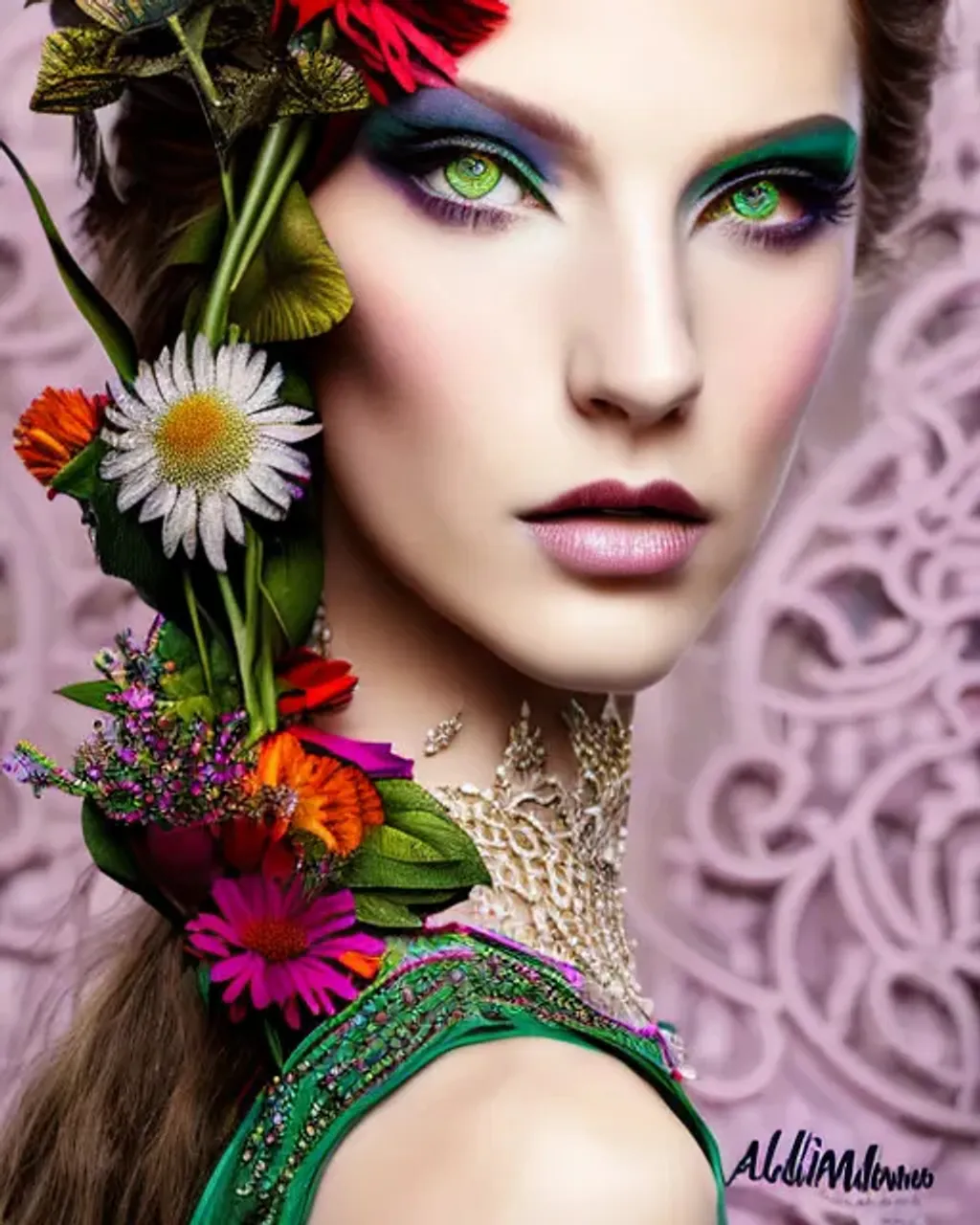 Prompt: Ethereal Magical elegant huntress, detailed face by Anna Dittmann, intricate realistic eyes by Gerhard Richter, Polyanthus style makeup by Lilia Alvarado, Calendula officinalis style tattoo by Artgerm, Calliandra style jewelry by Tom Bagshaw, background by Craig Mullins, background details by Greg Rutkowski, Echinacea style makeup by Alphonse Mucha, global illumination by god, soft colors, detailed and intricate