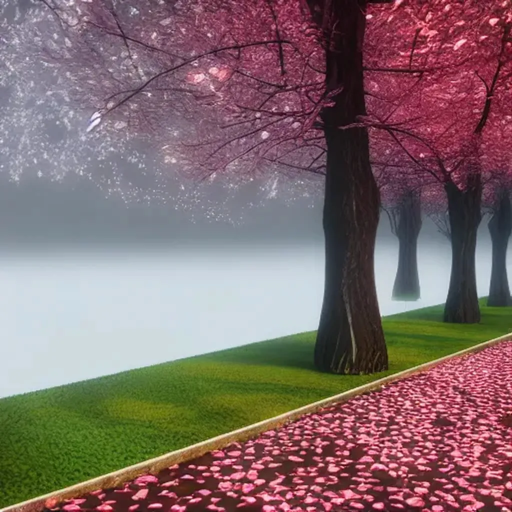 Prompt: low poly cherry trees in creepy park with river and fog at night