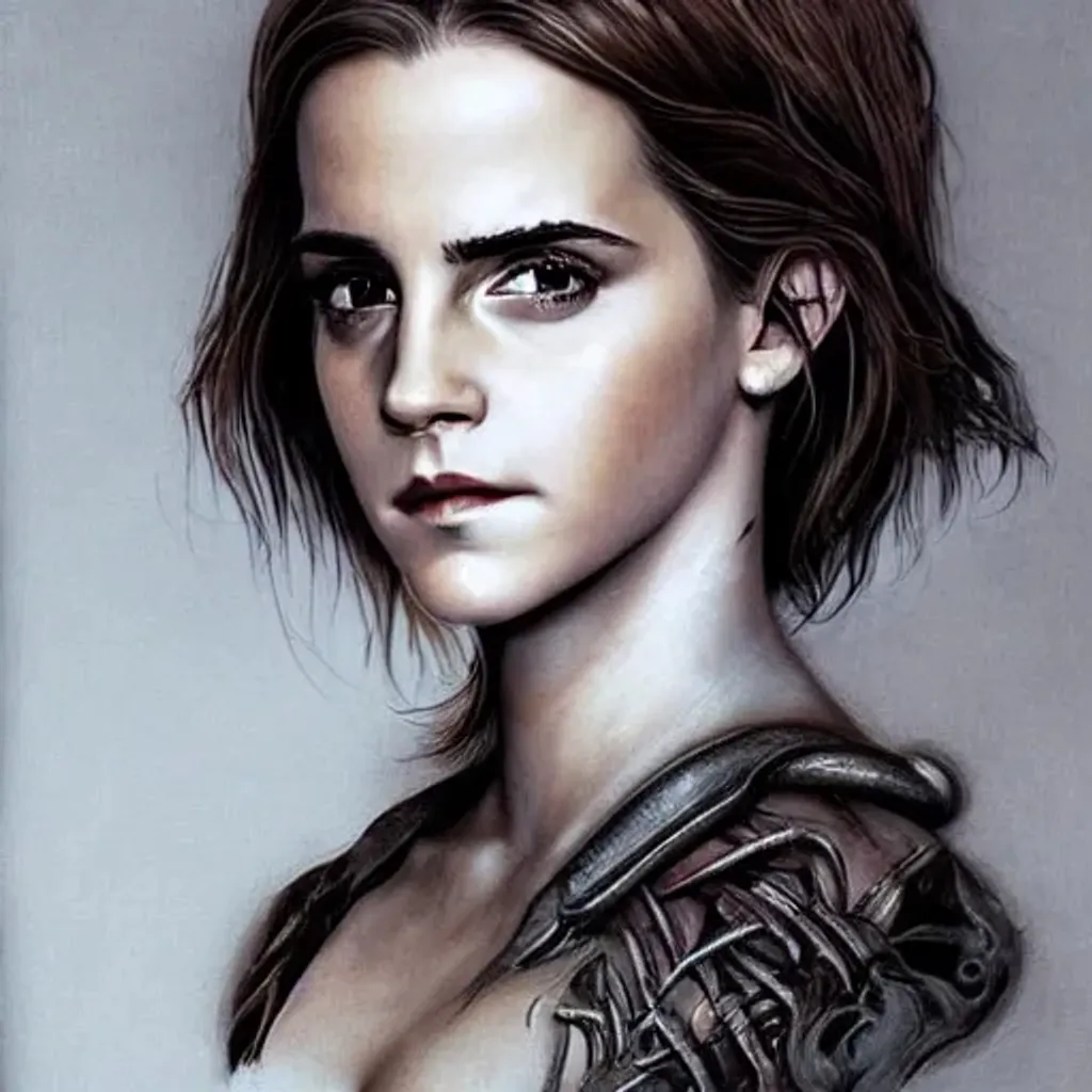 Prompt: portrait of emma watson by hr giger, greg rutkowski and wayne barlowe as a diablo, resident evil, dark souls, bloodborne monster