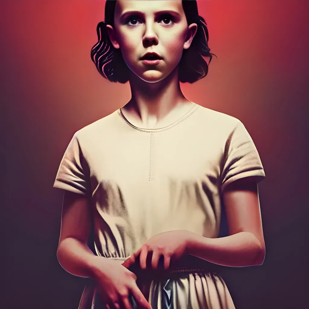 Prompt: Millie Bobby Brown from Stranger Things facing the camera with her hand outstretched with different things floating all around her, fullbody, intricate, highly detailed, artstation, concept art, smooth, sharp focus, illustration, art by greg rutkowski and orientalism and bouguereau and Zdzislaw Beksinski, good clear quality, lighting, biology, symmetrical artwork, perfect face, 135 mm, cinematic, hyper realism, high detail, octane render, 8k, chrome accents