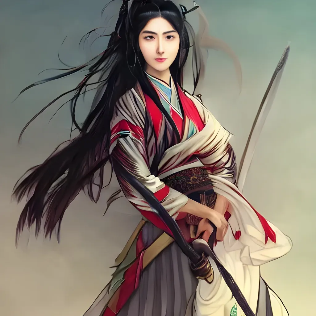 Prompt: An epic fantasy comic book style portrait painting of beautiful sword dance Chinese military hanfu woman, long hair, full body XIANXIA, wuxia, manga, manhwa, hanfu, Chinese temple, depth of field by Yoji Shinkawa 4k -n 4 -i, pi, artstation, pixiv, artgerm