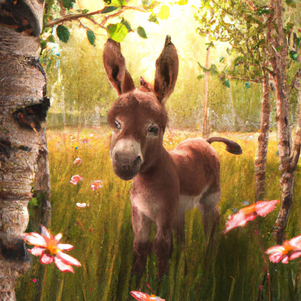 Prompt: a cute fuzzy donkey, adorable, in a field of flowers, birch trees, anime, animated, animation, scenic, beautiful, soft light, gold and pink light, key visual, digital Art, perfect composition, beautiful detailed intricate insanely detailed octane render trending on artstation, 8 k artistic photography, photorealistic concept art, soft natural volumetric cinematic perfect light, chiaroscuro, award - winning photograph, masterpiece, oil on canvas, raphael, caravaggio, greg rutkowski, beeple, beksinski, giger