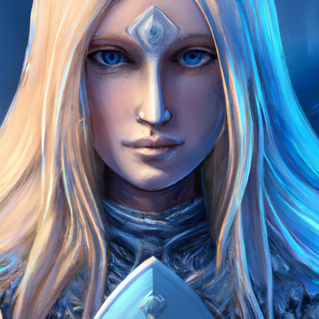 Prompt: portrait of a girl with long blond hair and blue eyes, ornate intricate silver battle armor, long blue mantel, intricate, elegant, highly detailed, digital painting, artstation, concept art, smooth, sharp focus, illustration