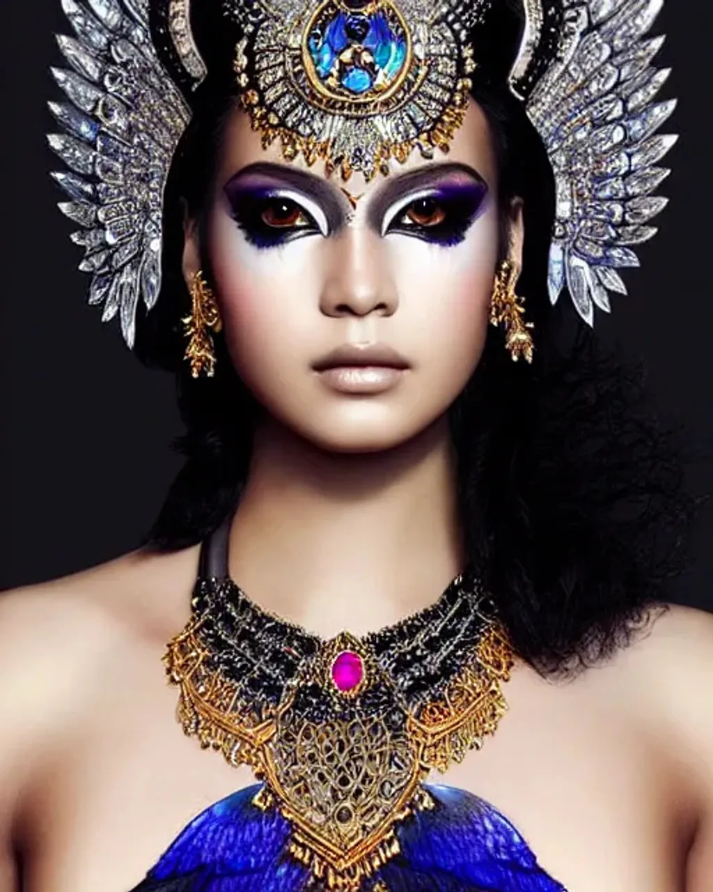 Prompt: Intricate 3/4 view portrait of a black swan goddess, angelic aura, hypermaximalist style, intricate fine silver details, piezoluminescent cobalt face makeup, tiny ruby details, trending on Artstation, Ross Tran, Sam Yang, Tom Blackwell, Anna Dittmann