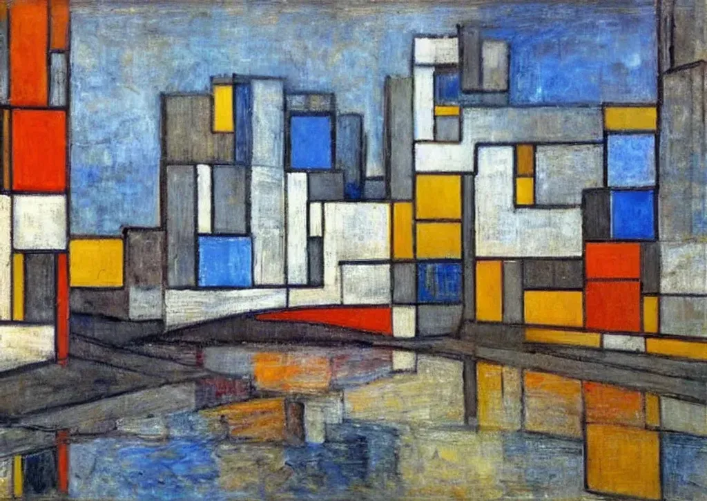 Prompt: artwork by Piet Mondrian, Pittsburgh buildings, bridges, 8k, hyper realistic, highly detailed, cubism, modern art 