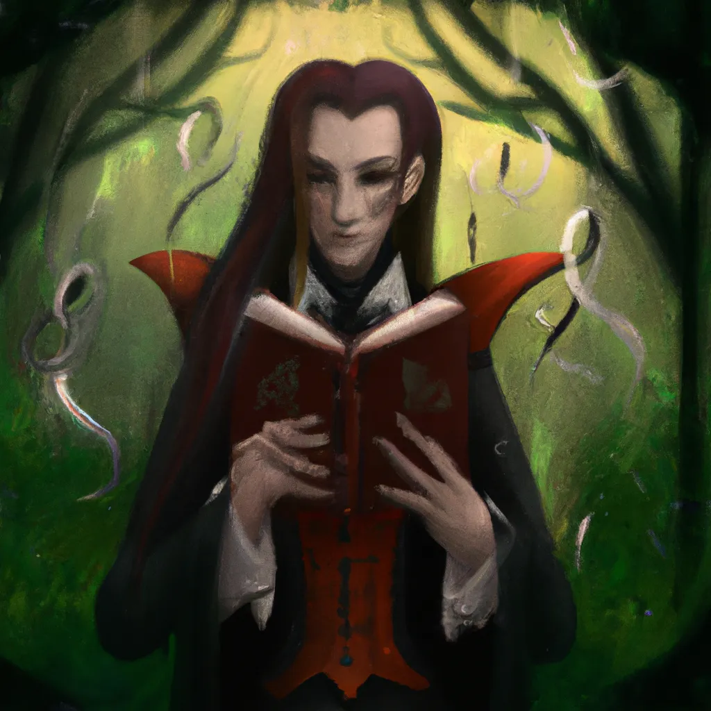 Prompt: A steampunk gothic vampire with long hair and red eyes, beautiful face, and a long black cape, with a dark rainy forest on the background, reading a book, digital art, art nouveau