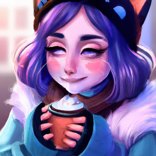 Prompt: Key Disney Visual of an enthusiastic anime cat girl wearing a cozy winter outfit, watching her pumpkin spiced latte excitedly, contrasted and bright; purple, blue, green and dark blue color palette; Digital art, trending on artstation, Photorealistic Illustration, anime key visual, cinematic, Ultra detailed