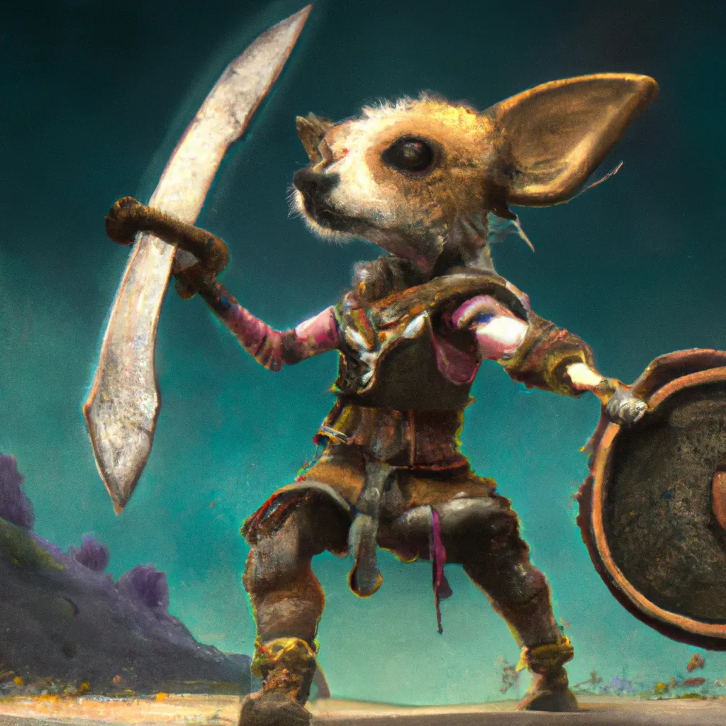 Prompt: detailed full body concept art illustration, oil painting on canvas of an anthropomorphic chihuahua beagle cross barbarian swinging a broad sword in full intricate clothing, biomutant, dystopian, micro detail, octane render, 4K