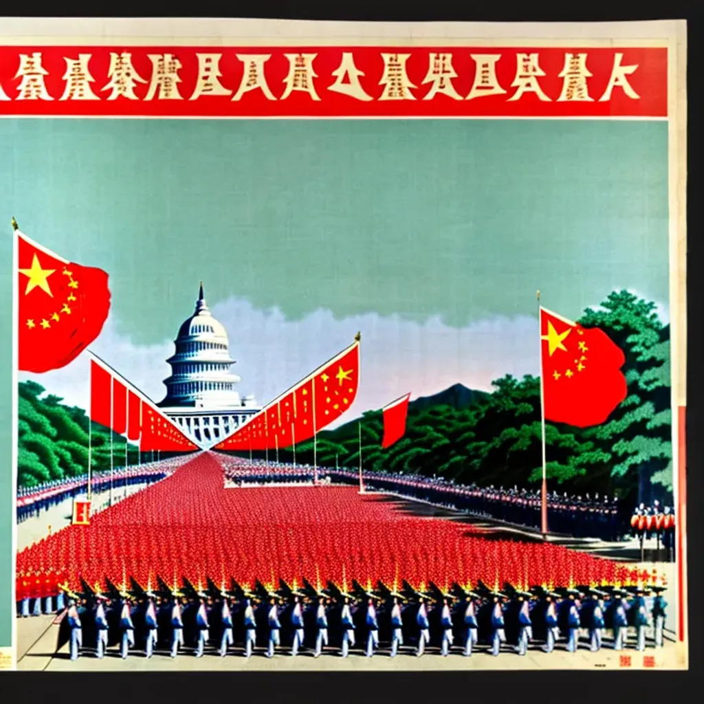 Prompt: Chinese propaganda poster of a parade near the Capitol building, detailed, vivid colors, over the shoulder point of view, Kodachrome
