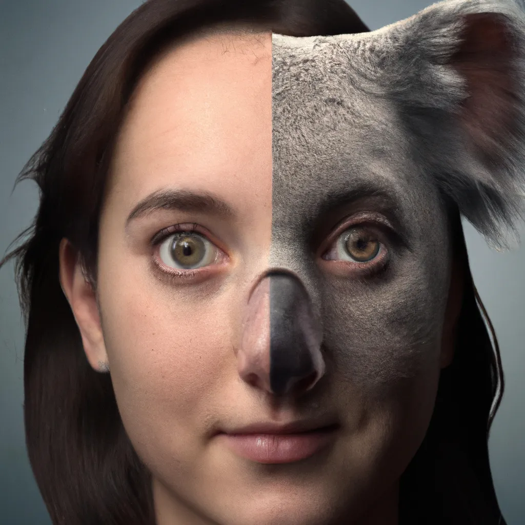 Prompt: A photo of a cute young woman's head combined with a 3D render of a hybrid koala head. Epic film poster style.