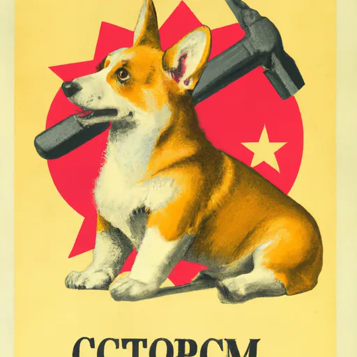 Prompt: Soviet propaganda poster featuring a corgi holding a hammer