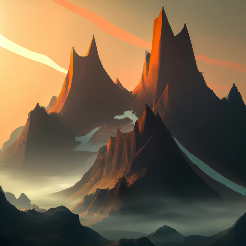 Prompt: Jagged peaks during beautiful sunrise, by Greg Rutkowski, trending on ArtStation
