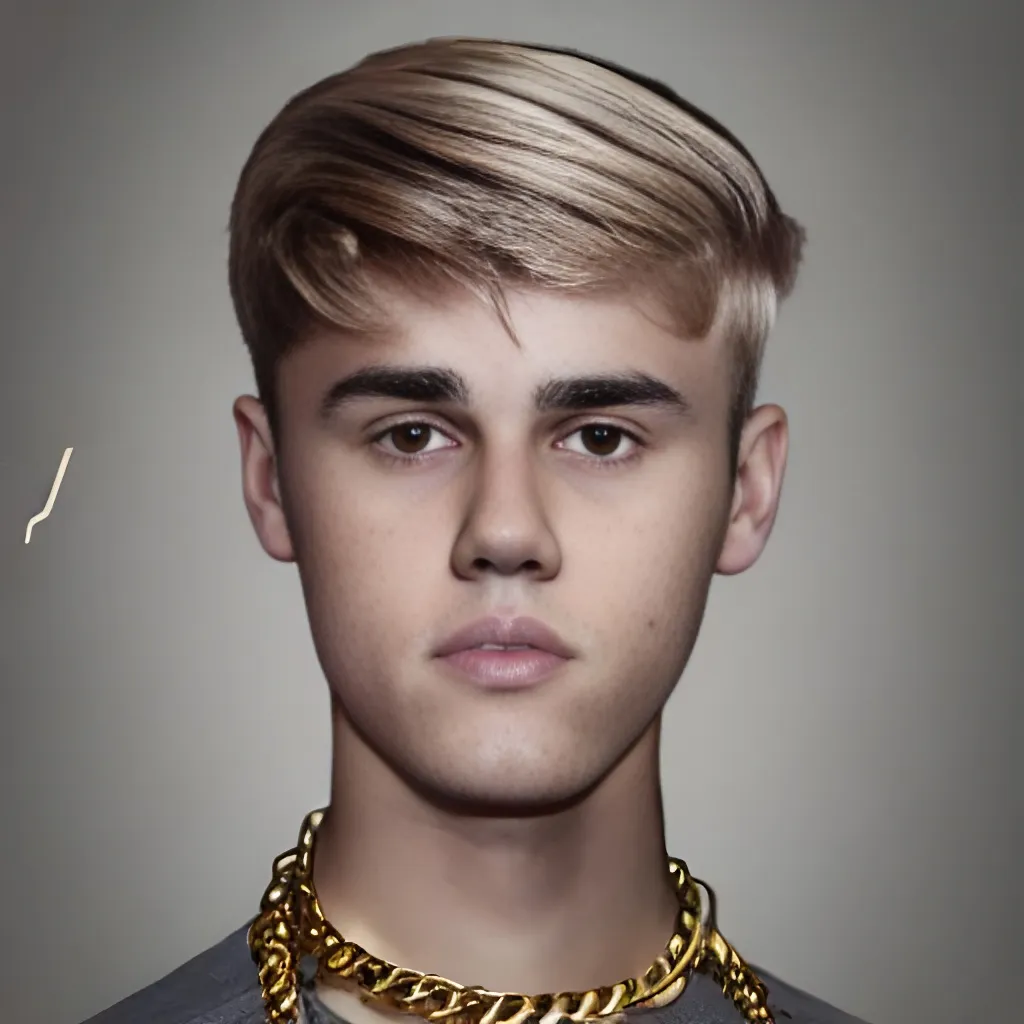 Prompt: a young man with a gold chain around his neck, a digital rendering, inspired by Max Weber, dau-al-set, justin bieber, side parted combover brown hair, photo-shopped, merged, bushy grey eyebrows, beautiful young prince, blonde short hair, mashup, degradation