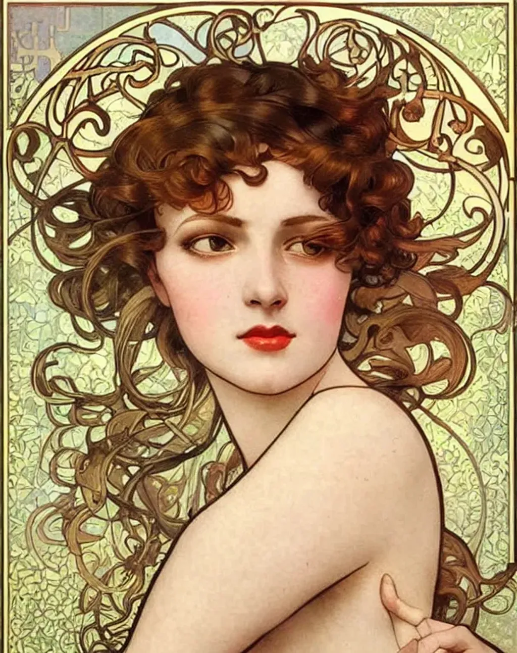 Prompt: high quality digital art, oil painting by alphonsemucha, 1920's Art Nouveau, gorgeous female flapper with curly auburn hair, slender, perfect complexion, flirty eyes,, 1920's, artgerm, award-winning cgi