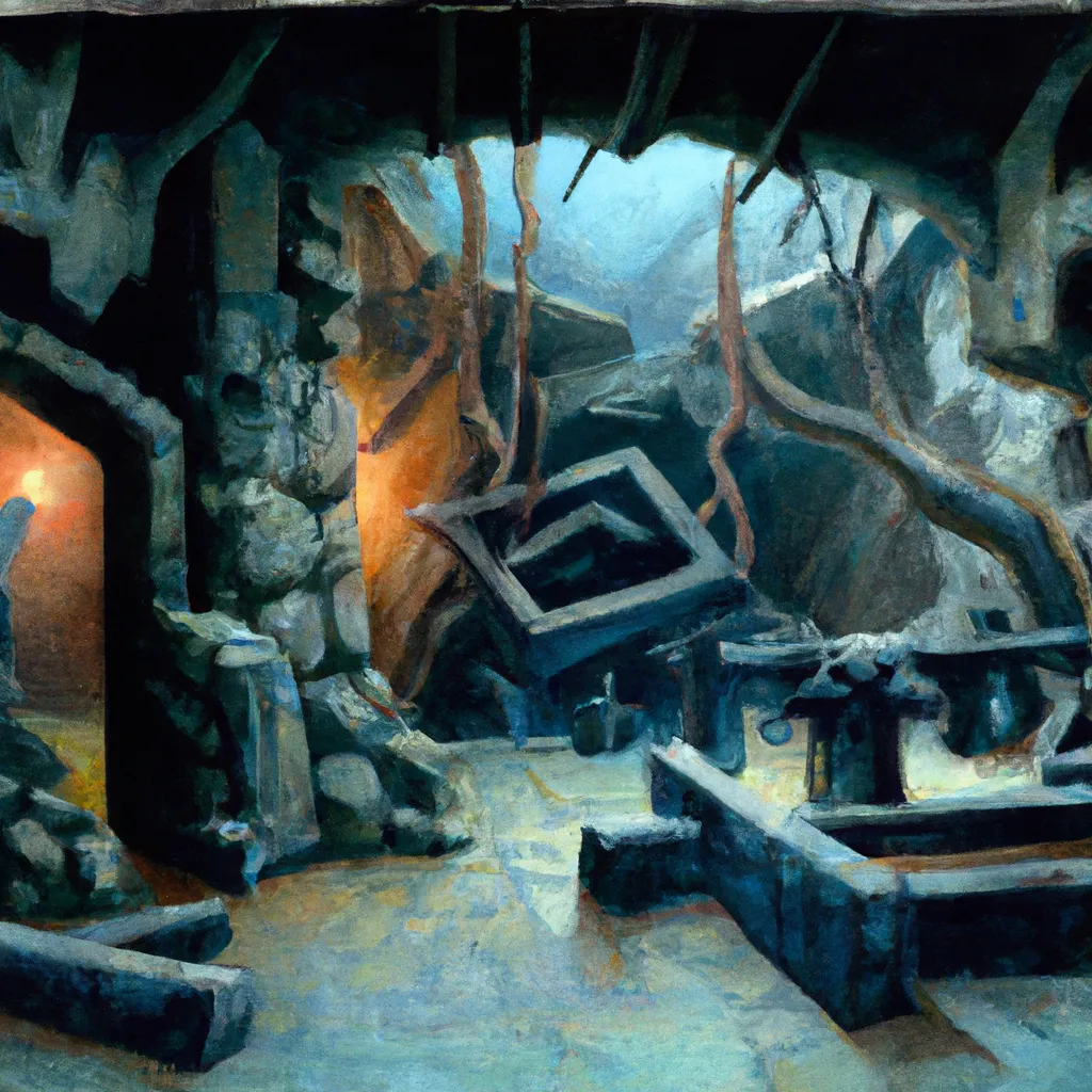 Prompt: a painting of an underground dungeon interior skyrim inspired, by anato finnstark. front view, simple watercolor, thomas kinkade, post-apocalyptic, stained, saturated watercolor, high composition, by tithi luadthong, 240p, {disney construction}, art by frank frazetta