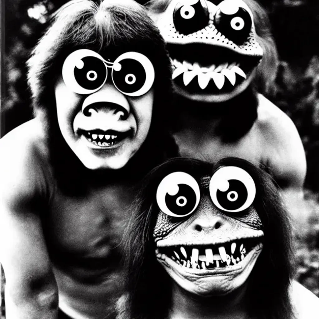 Prompt: two🤪🐸🙍🏼‍♂️🙍🏼‍♂️😵‍💫🗿monsters from 70's, photo portrait
