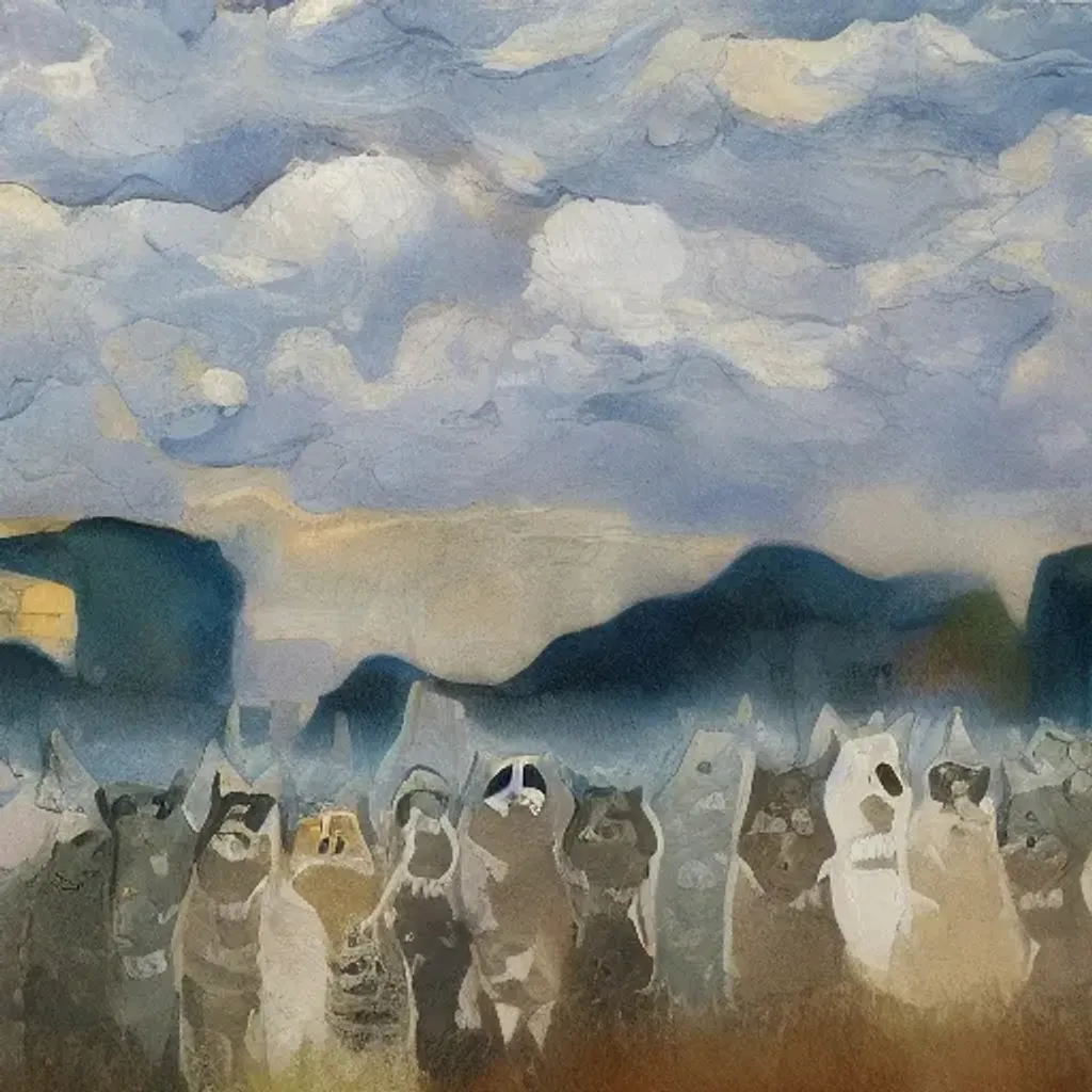 Prompt: .crowd of cats meowing at the blue sky, with dark clouds and lightinings on the hills