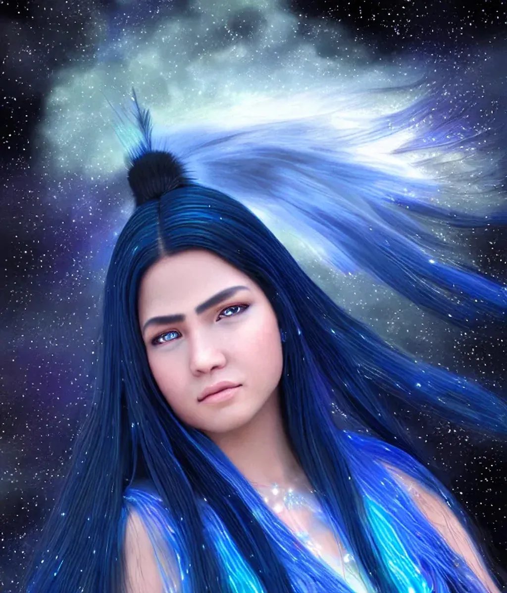 Prompt: Photorealistic digital painting of a stunningly beautiful young native American female spirit dressed in a blue ethereal gown with long shiny black hair adorned with starlight. Background is stat dust and clouds in the milky-way, fantasy artwork, realistic shaded, fine details, artgerm, ultra realistic, HDR, highly detailed, fine facial features, ultra realistic and detailed face, D&D, smooth, sharp focus, intricate, magical, fantasy, elegant, concept art. Beautiful and otherworldly. Dreamlike