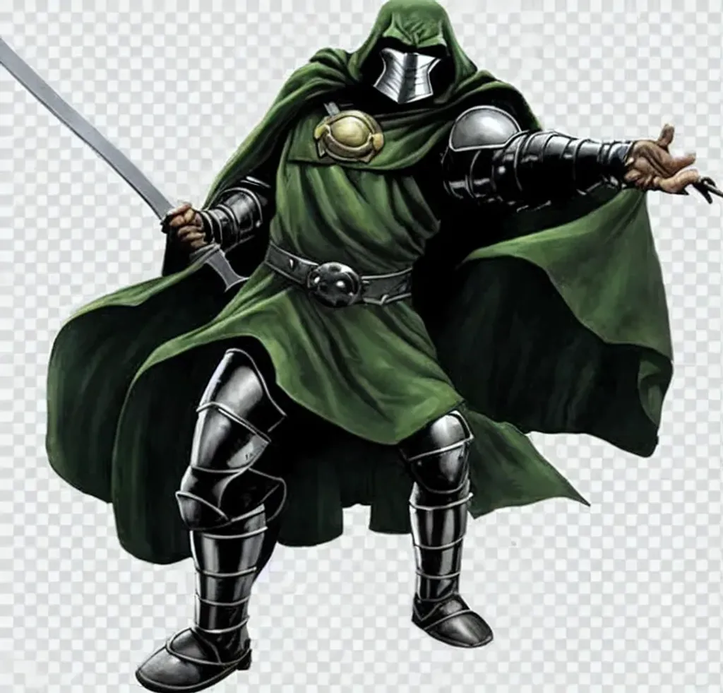 Prompt: he is a super villain, wearing a Black robe underneath a Guard Steel Breastplate, Dr. Doom Mask, Armour Hand Gloves, Steel Full Leg Armor, and Medieval Steel Shoes. he have a sword



