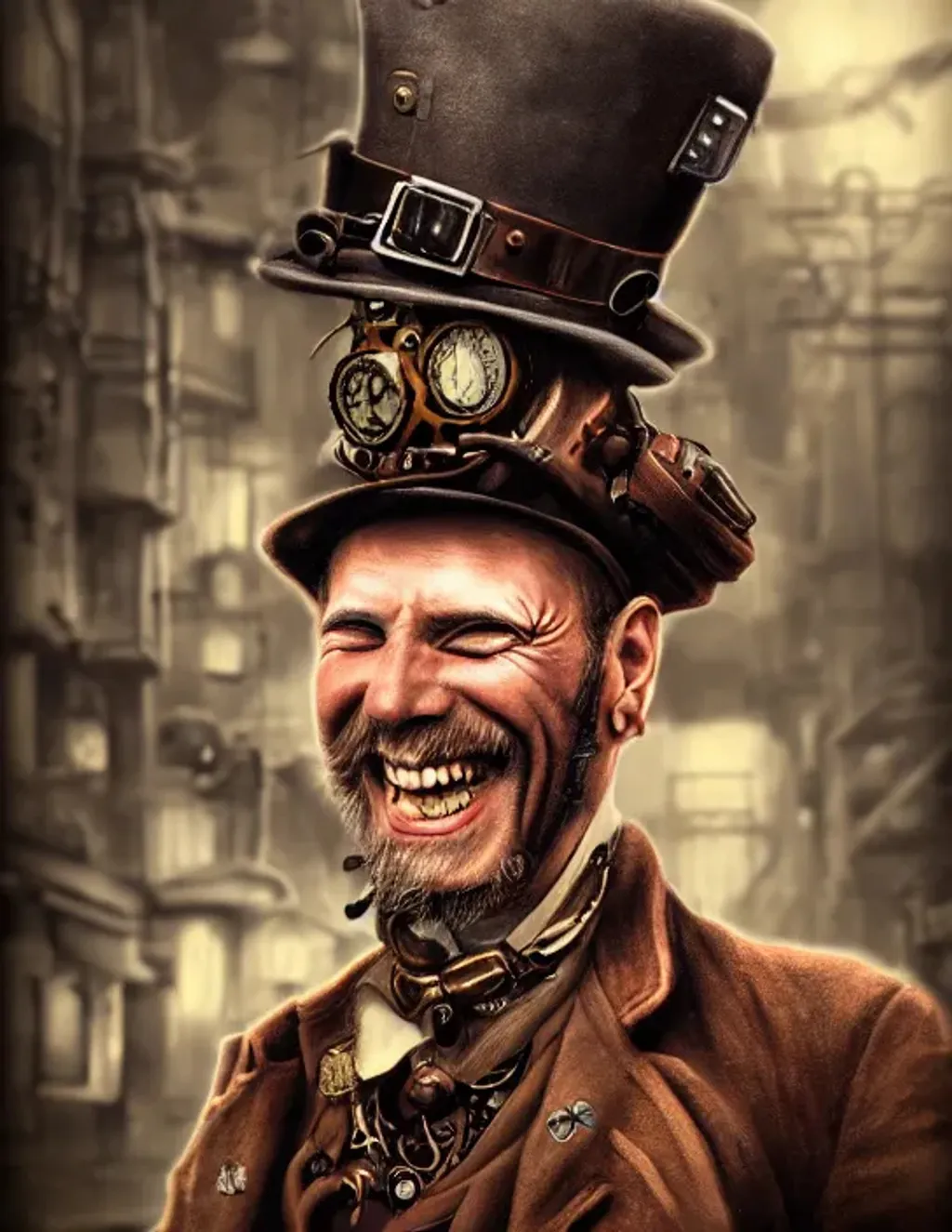 Prompt: Extremely detailed portrait of steampunk mad man with random hat with sadistic smile, extremely detailed steampunk street background , hyperrealistic , 8k, high quality, concept art, trending on artstation, sharp focus, studio photo, intricate details, hyper detailed