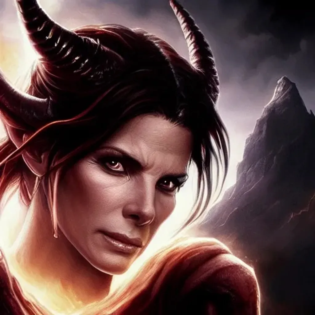 Prompt: hell background, Digital concept art, close up, demon, Head shoulders illustration of sandra bullock as a demon with a calm expression, black horns devil horns,,dirty, fiery red eyes, looking at viewer, and long flowing dark hair, smoke and ash, torn wings, industrial setting, by Charlie Bowater. by Frank Frazetta, by Greg Rutkowski, 8k, 4k, detailed, 