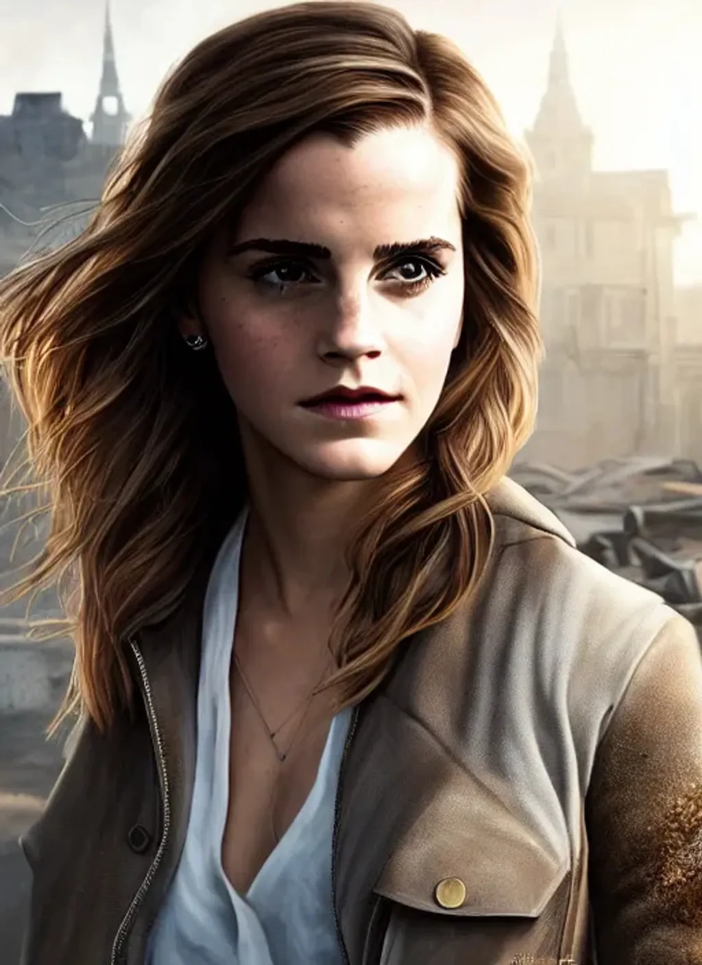 Prompt: Portrait of {emma watson} with {brown} hair and with cute face, {abandoned city}, perfect composition, hyperrealistic, super detailed, 8k, high quality, trending art, trending on artstation, sharp focus, studio photo, intricate details, highly detailed, by greg rutkowski