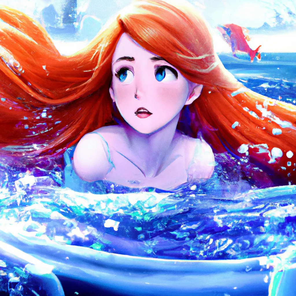 Prompt: Key Disney Visual Of icy blue water, with a cute and adorable anime mermaid with long scarlet red hair swimming ,  jean - baptiste monge, dramatic lighting, 8k, portrait, realistic, fine details, photorealism, cinematic, intricate details, cinematic lighting, photo realistic 8k,  Ghibli Studio and Ufotable and Kyoto Animation and A-1 Pictures and Kadokawa and Aniplex