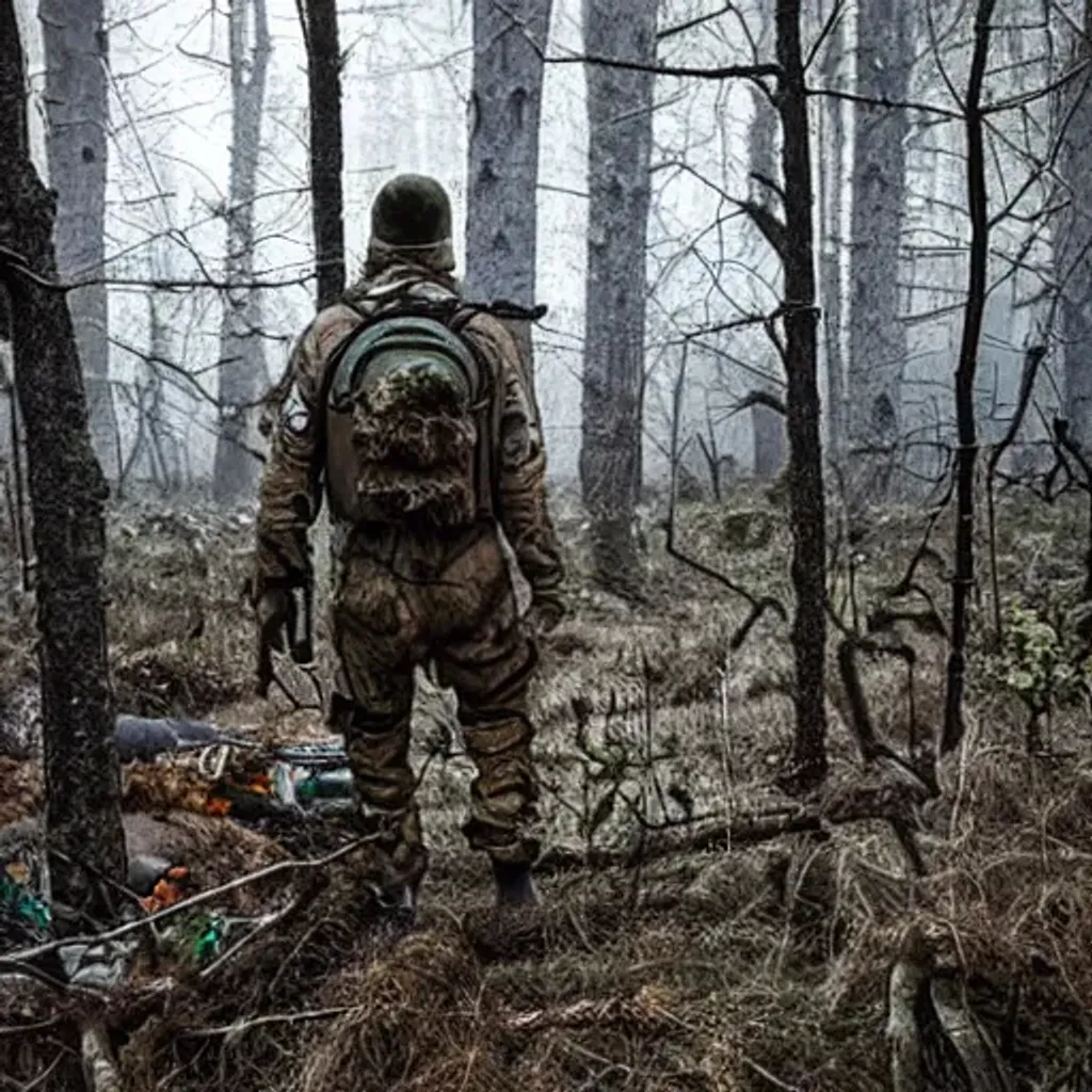 Prompt: Russian male survivor wearing a respirator, a backpack, and a ghillie suit aiming his riffle down at sombody around a post apocalyptic dystopian rotting forest, Stalker, chernobyl, radiation, HD quality