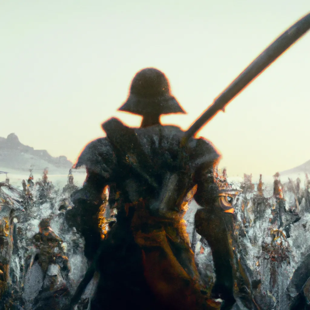 Prompt: Detailed backshot of Male Rogue, holding Katana, looking at army of giant skeletons marching, above army skeletons is villan magician, hyperrealistic d&d character, mysterious, fantasy, highly coherent, 8k, extreme detail, cinematic feel, contest winner, unreal engine, octane render,

