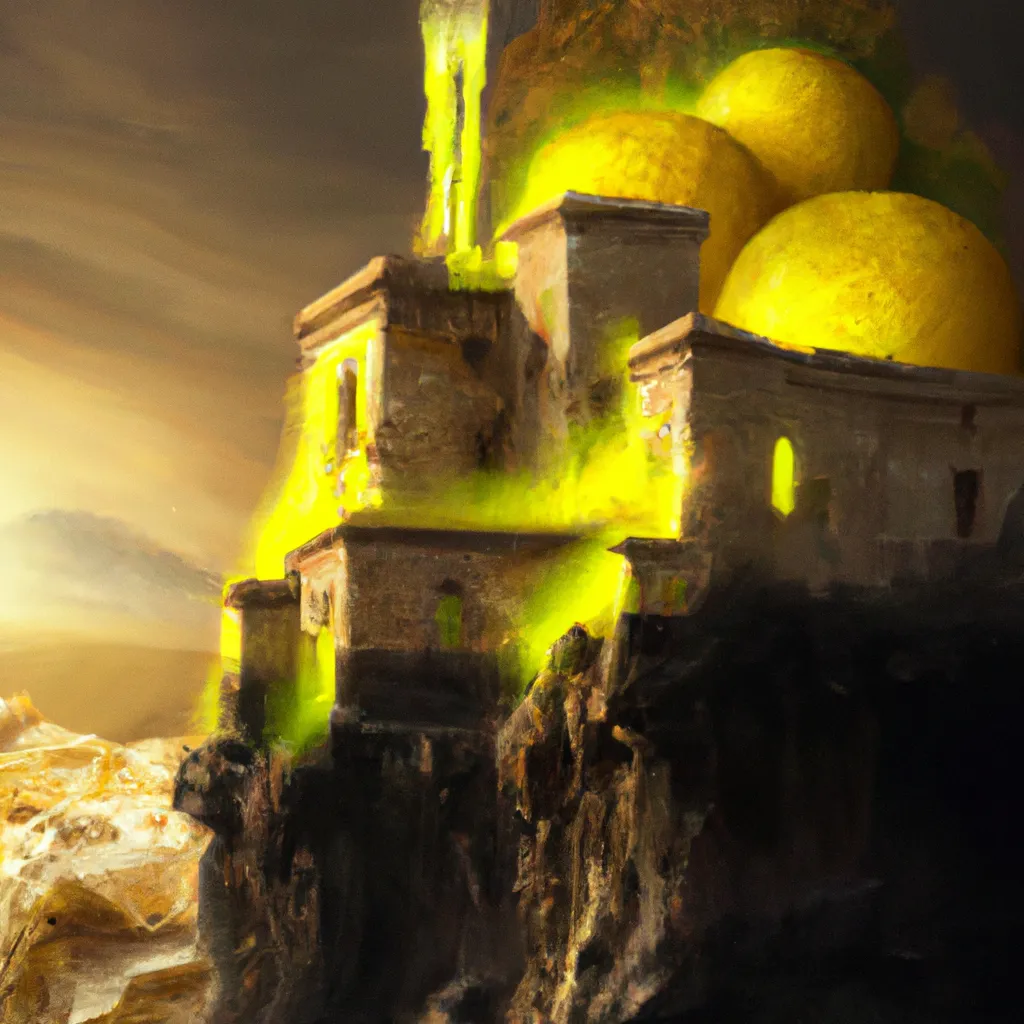 Prompt: painting of a lemon castle, 8K HD, baroque style, ancient, glowing, lava, floating