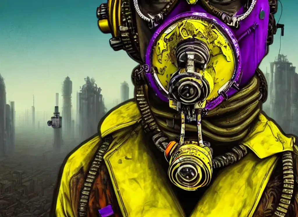 Prompt: A detailed illustration of ((((vast Dystopian Wasteland futuristic metropolitan)))), ((((reclaimed by nature)))), ruins, a person wearing custom made yellow and purple oxygen mask, tribal patterns, maximalism, (((oil dripping))), oil painting, ornate, disturbing, dramatic lighting, hd, ultra detailed