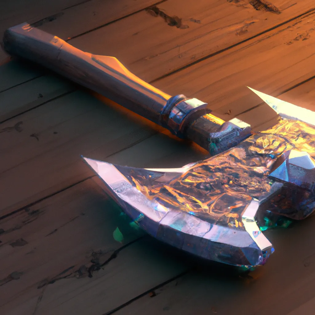 Prompt: Diamond axe on wooden table, digital art